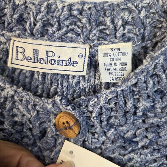 Floral Hand Knit Rag Cardigan Small Med Denim Blue Bellepointe Vintage Deadstock - Picture 2 of 9